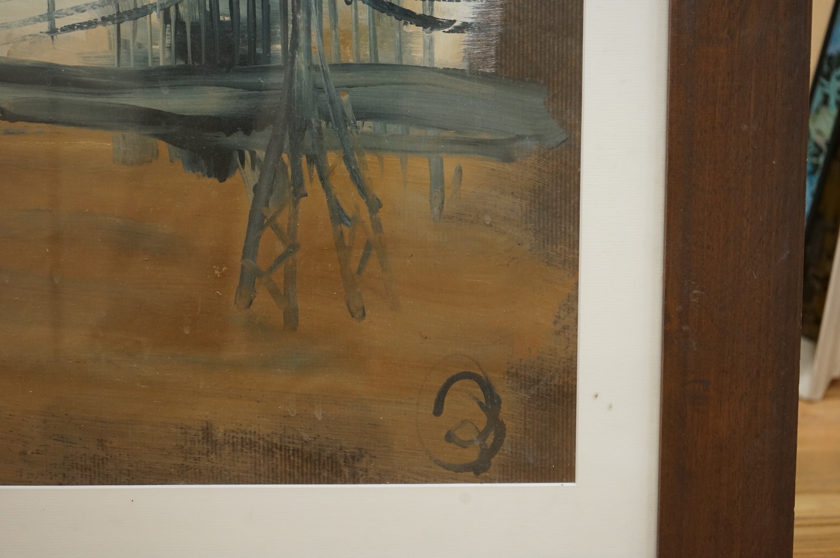 Contemporary, Riverscape with bridge, indistinctly monogrammed, oil on paper, 69 x 116cm